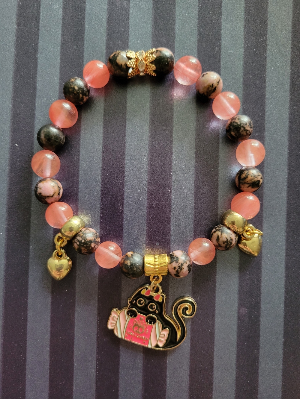 🖤NEW🖤Strawberry Quartz And Rhodonite Beaded Cat Charm Bracelet - Women Jewelry